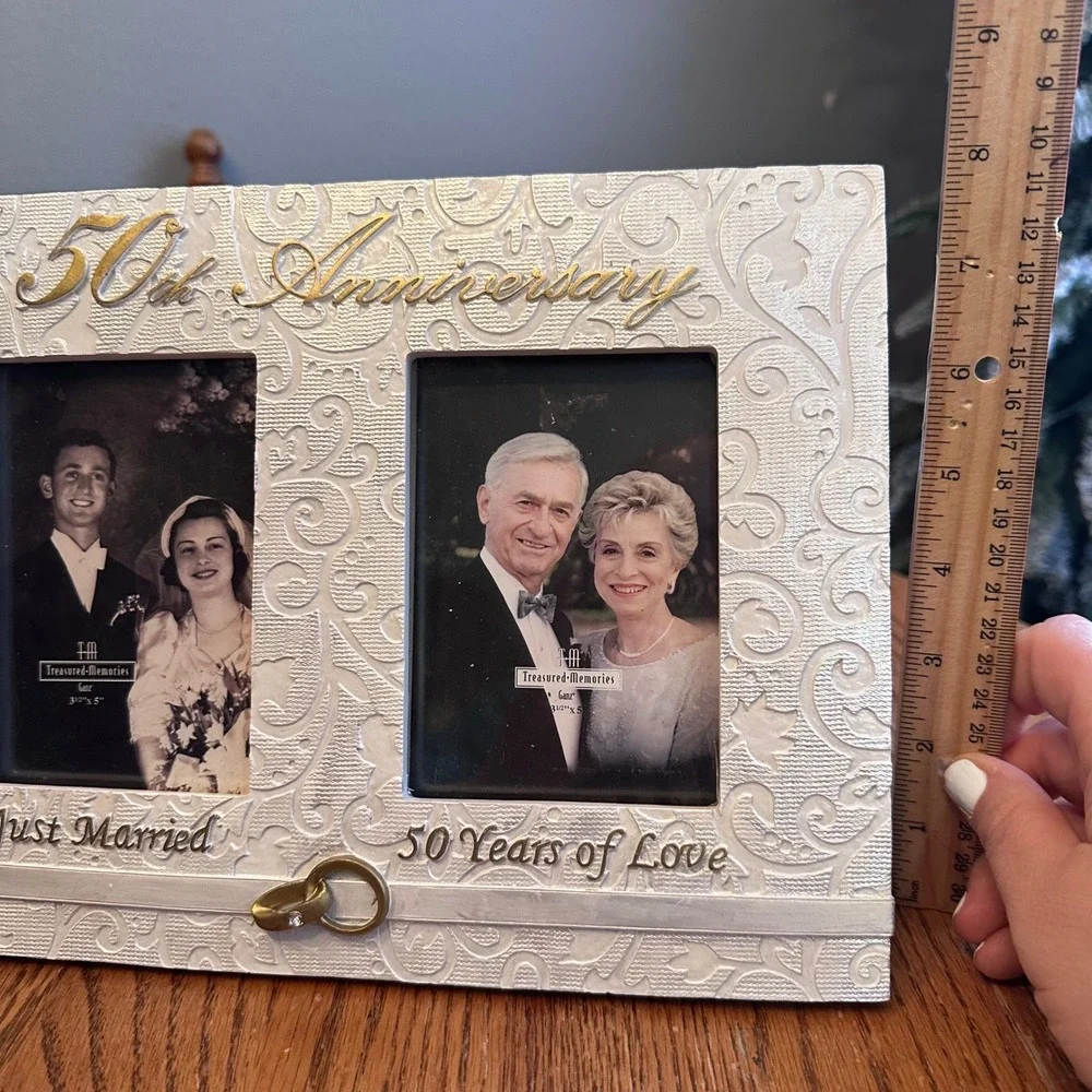 Ganz 50th Anniversary Picture Frame Cream Gold Double 3.5x5 Good Scroll Texture